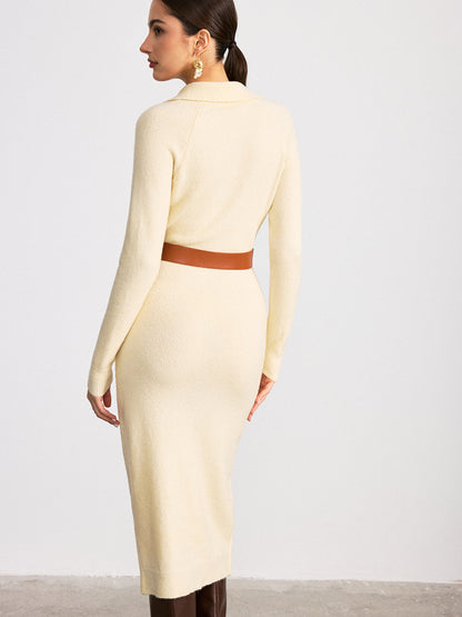 Collared Split-Hem Belted Knit Midi Dress