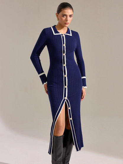 Contrast Trim Button Front Slim Fit Midi Dress
