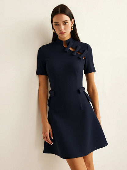 Bow Cut-Out Stand Collar Short Sleeve Dress