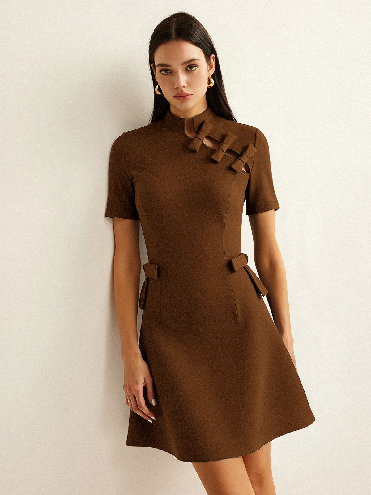Bow Cut-Out Stand Collar Short Sleeve Dress