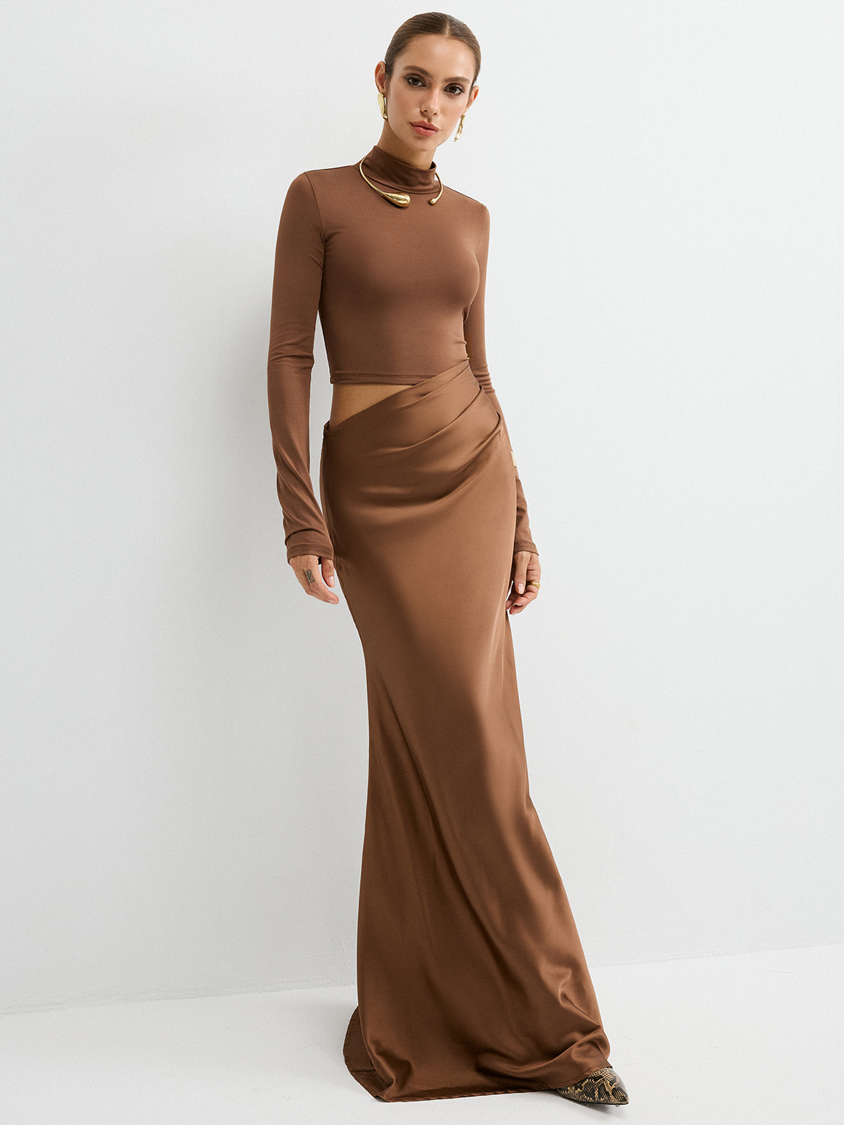 Satin Panel Mock Neck Long Sleeve Maxi Dress