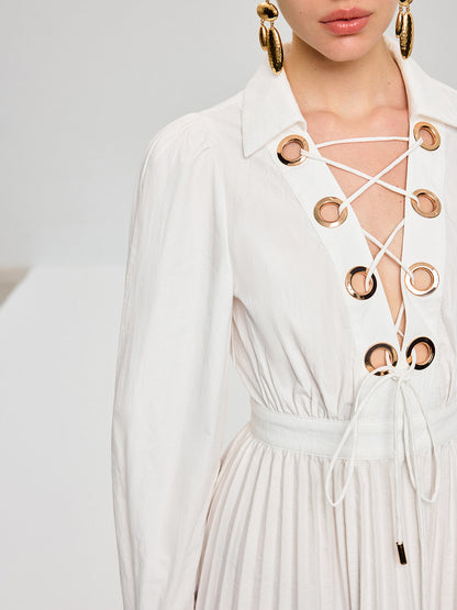Lace-Up Pleated Midi Dress