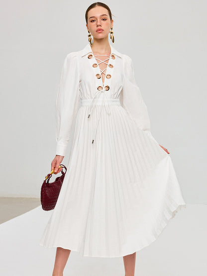 Lace-Up Pleated Midi Dress