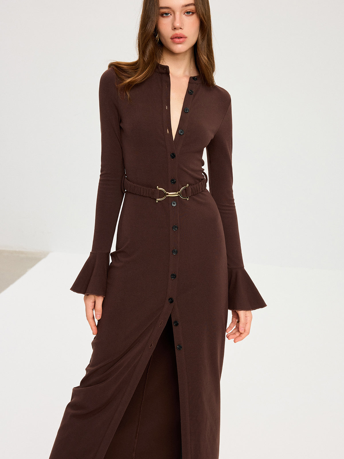 Flared Cuff Button-Front Maxi Dress