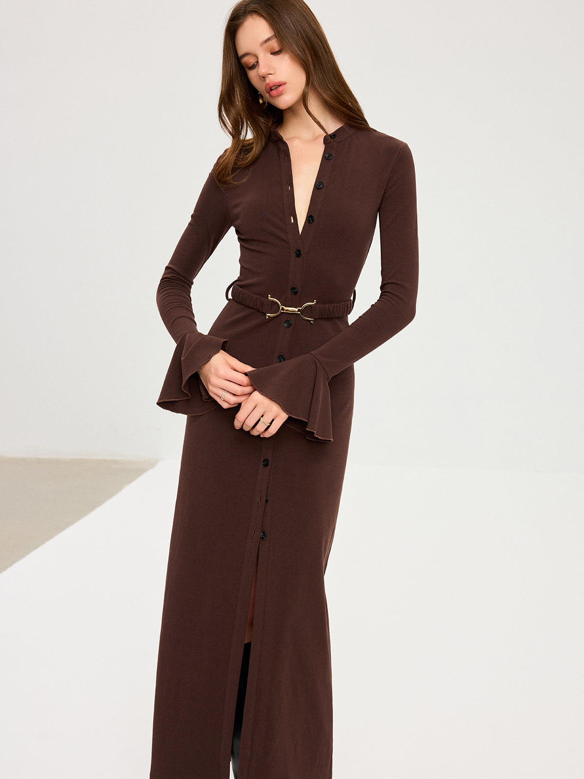 Flared Cuff Button-Front Maxi Dress