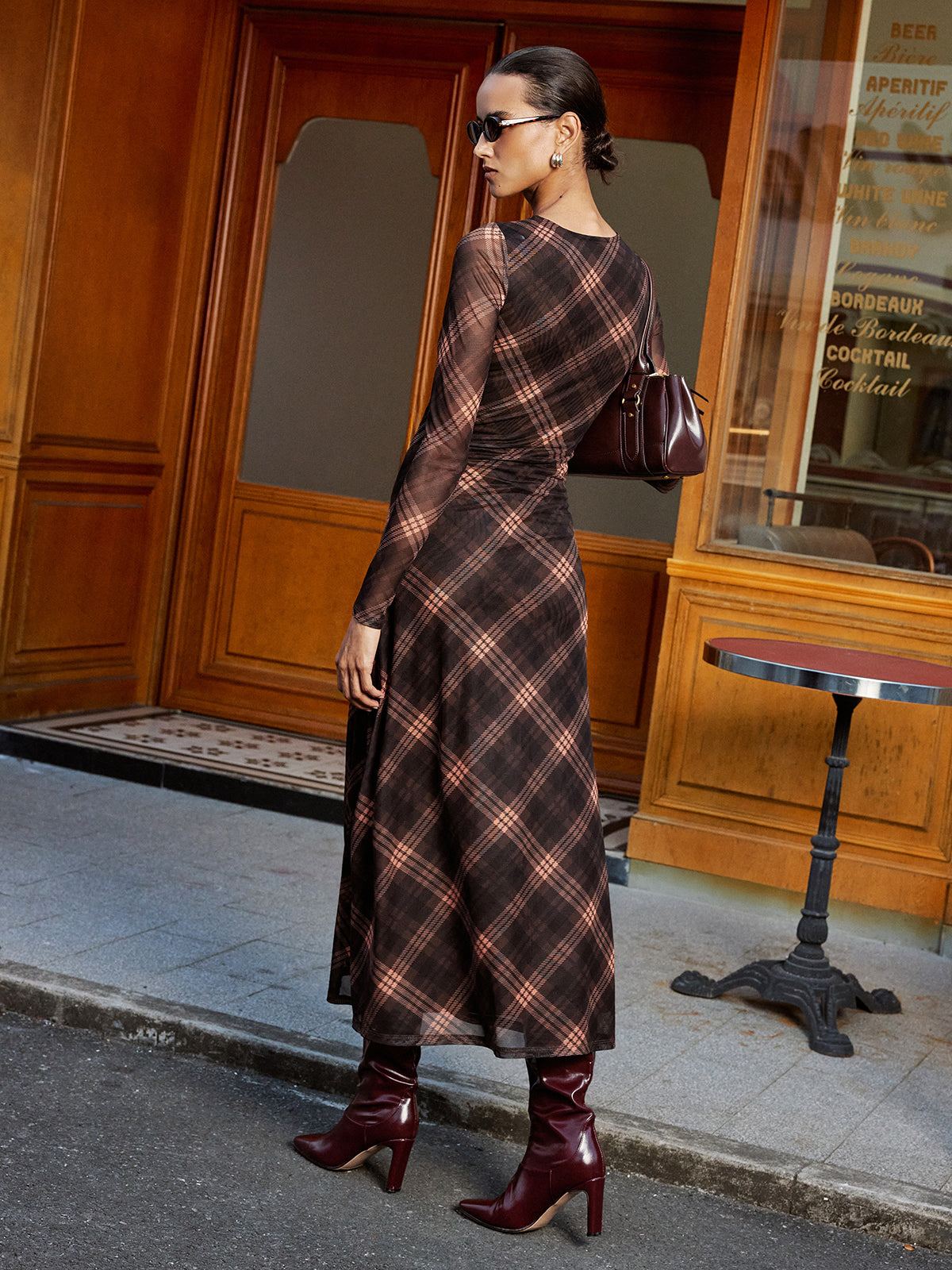 Plaid Mesh Long Sleeve Maxi Dress