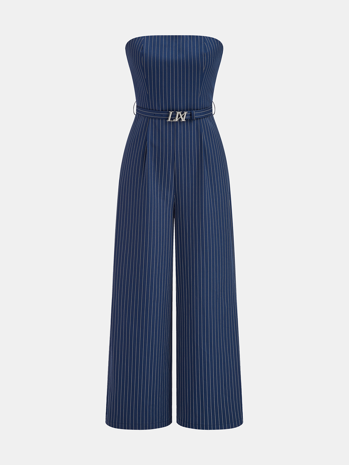 Transparent Strap Belted Pinstripe Jumpsuit