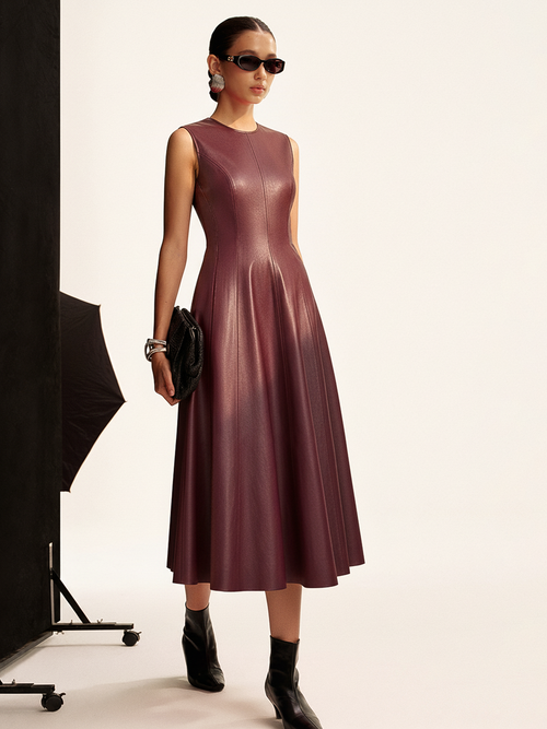 Faux Leather Pleated Dress