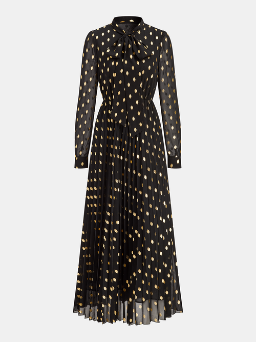 Long Sleeves Foil Spot Print A-Line Maxi Dress