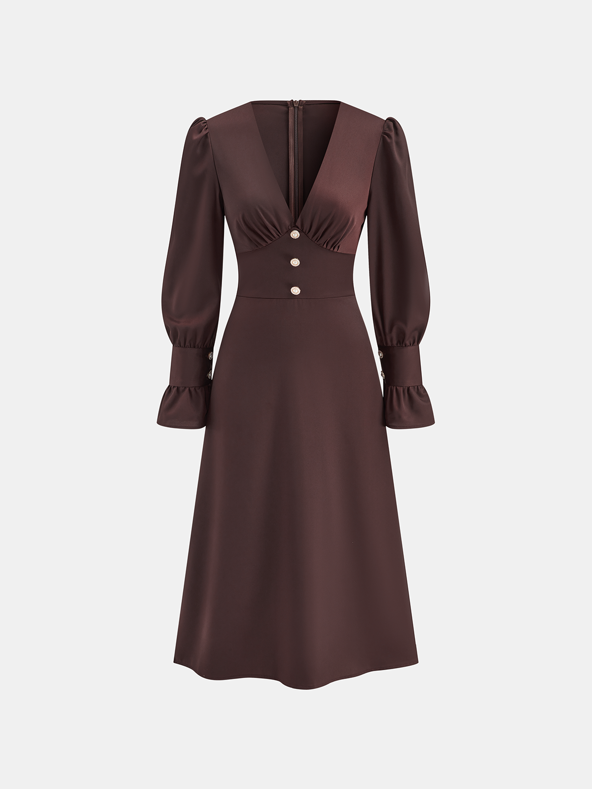 V-Neck Puff Sleeve Button Fitted Dress