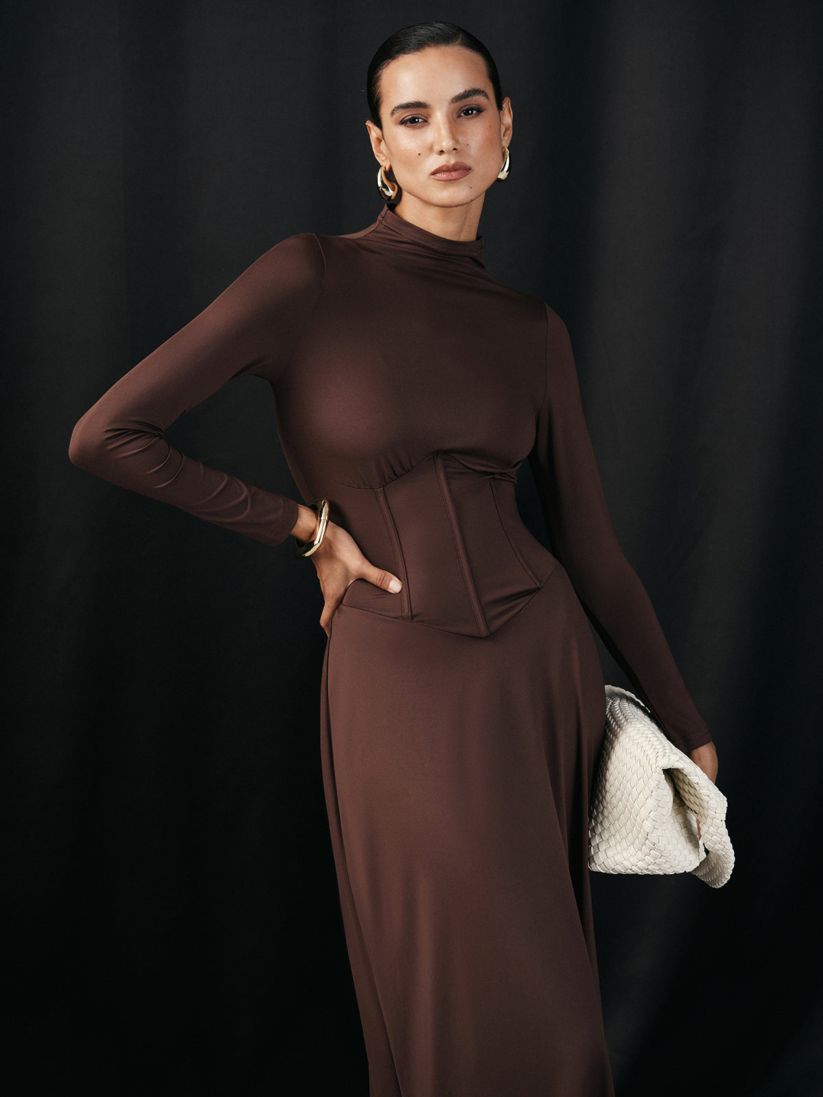 Mock Neck Corset Waist Long Sleeve Maxi Dress