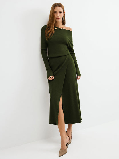 Off-Shoulder Ribbed Wool Blend Maxi Dress