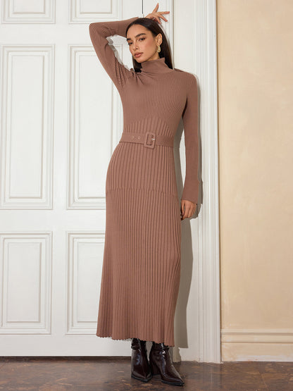 Belted Flared Cuff Turtleneck Maxi Dress