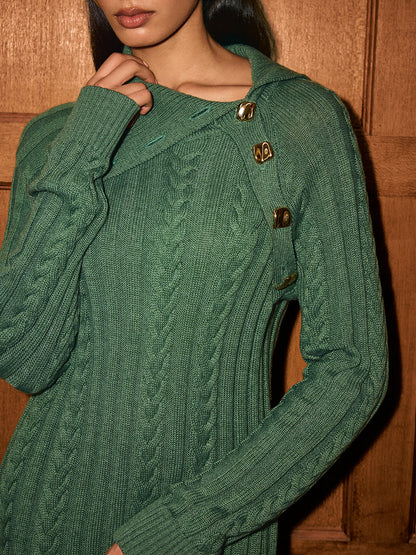 Asymmetric Collar Cable-Knit Sweater Dress
