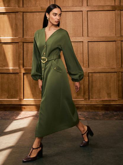 V-Neck Balloon Sleeve Belted Button-Front Dress