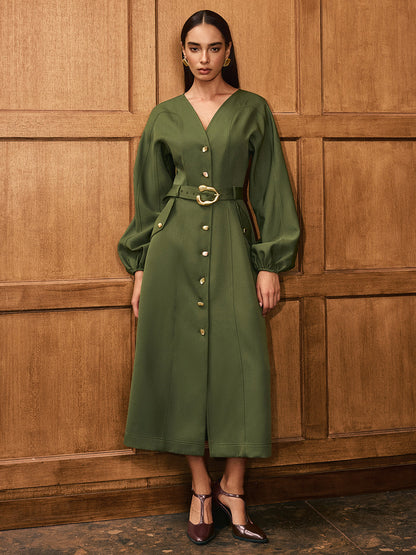 V-Neck Balloon Sleeve Belted Button-Front Dress