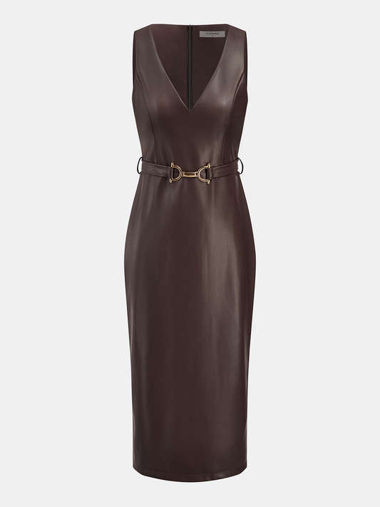 Faux Leather Sleeveless Midi Dress
