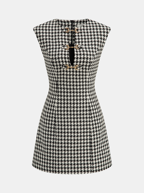 Houndstooth Tweed Mini Dress with Horsebit Detail