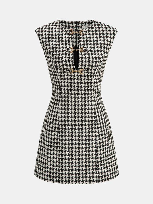 Houndstooth Tweed Mini Dress with Horsebit Detail