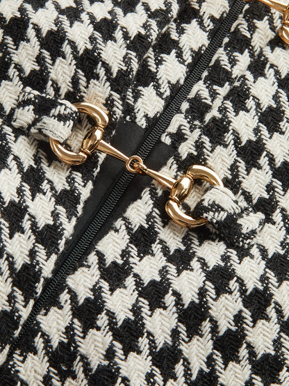 Houndstooth Tweed Mini Dress with Horsebit Detail