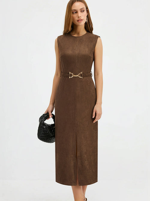 Belted Suede Effect Sleeveless Midi Dress