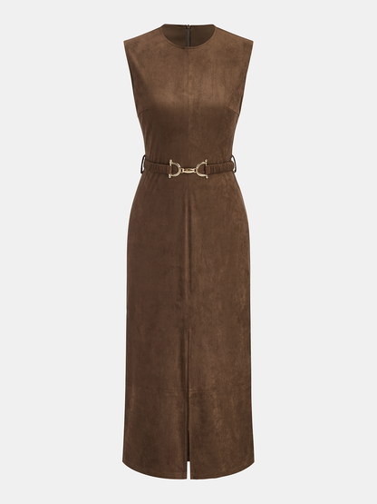 Belted Suede Effect Sleeveless Midi Dress