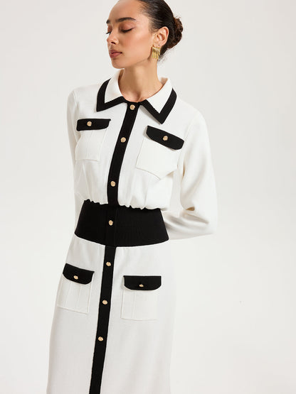 Collared Metal Button Contrast Trim Knit Maxi Dress