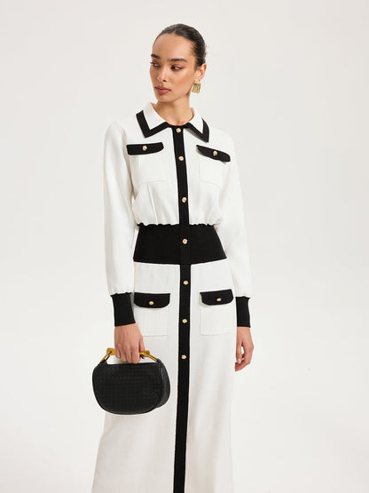 Collared Metal Button Contrast Trim Knit Maxi Dress