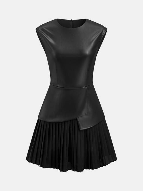 Pleated Panel Sleeveless PU Leather Dress