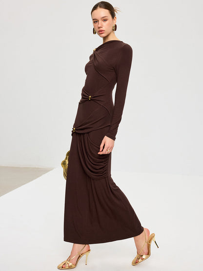 Metal Detail Long Sleeve Draped Maxi Dress