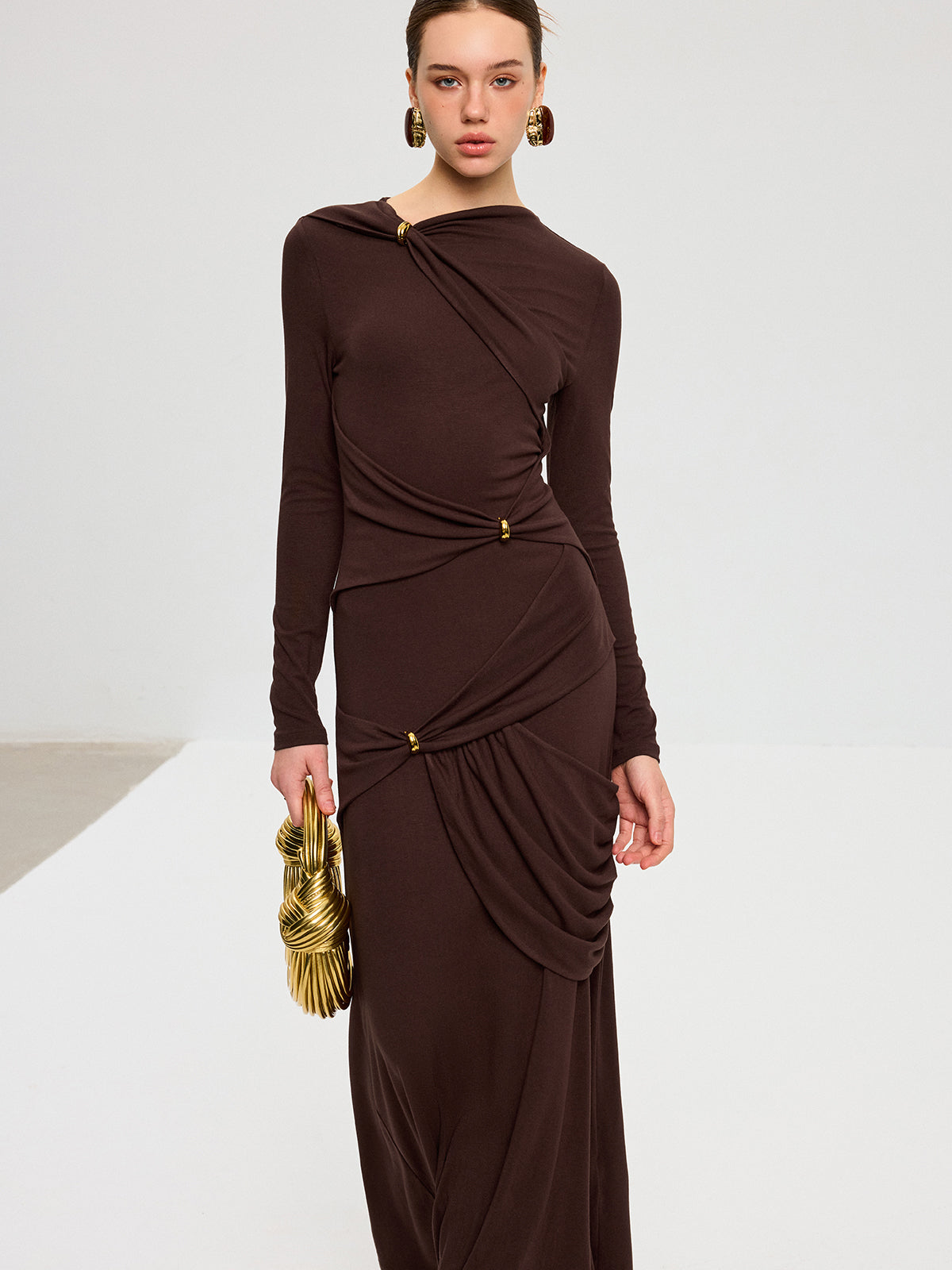 Metal Detail Long Sleeve Draped Maxi Dress