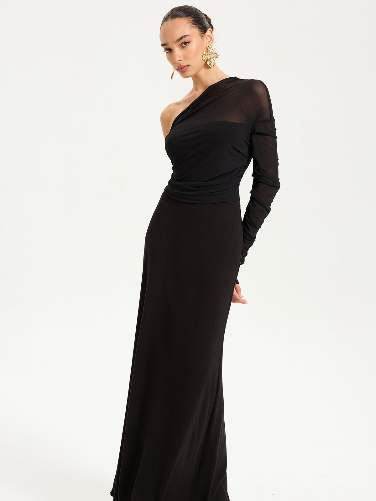 One-Shoulder Sheer Ruched Long Sleeve Maxi Dress