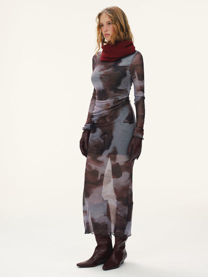 Tie-Dye Mesh Long Sleeve Maxi Dress