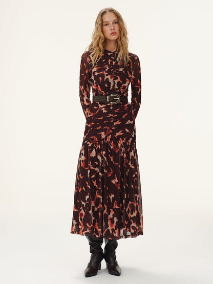 Leopard Print Ruched Mesh Maxi Dress without Belt