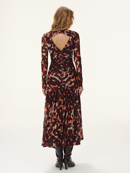 Leopard Print Ruched Mesh Maxi Dress without Belt