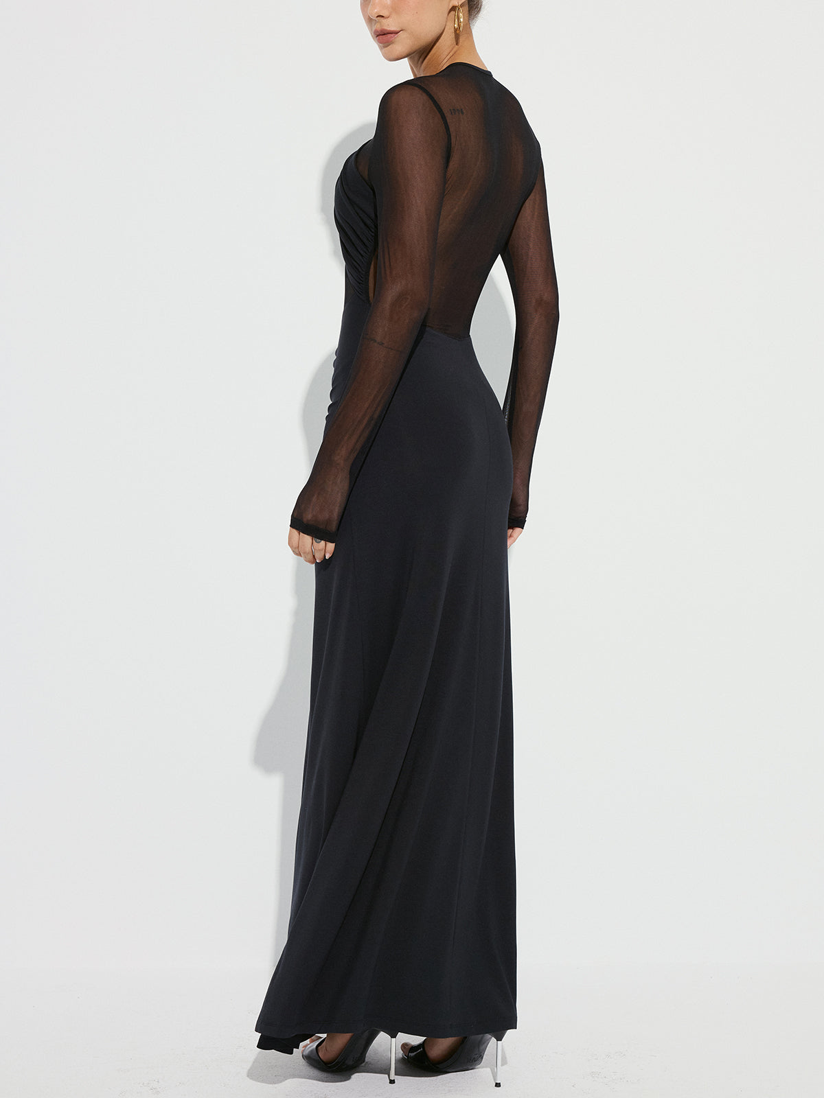 Cross-Front Ruched Mesh Paneled Maxi Dress