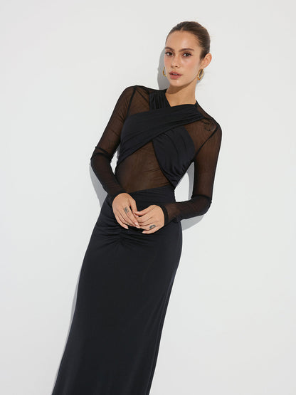 Cross-Front Ruched Mesh Paneled Maxi Dress