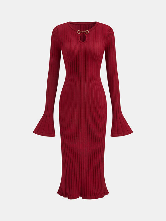 Bell Sleeve Mermaid Hem Horsebit Knit Midi Dress