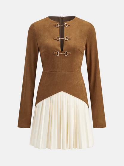 Pleated Hem Panel Suede Effect Mini Dress