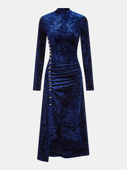 Metal Button Ruched Velvet Maxi Dress