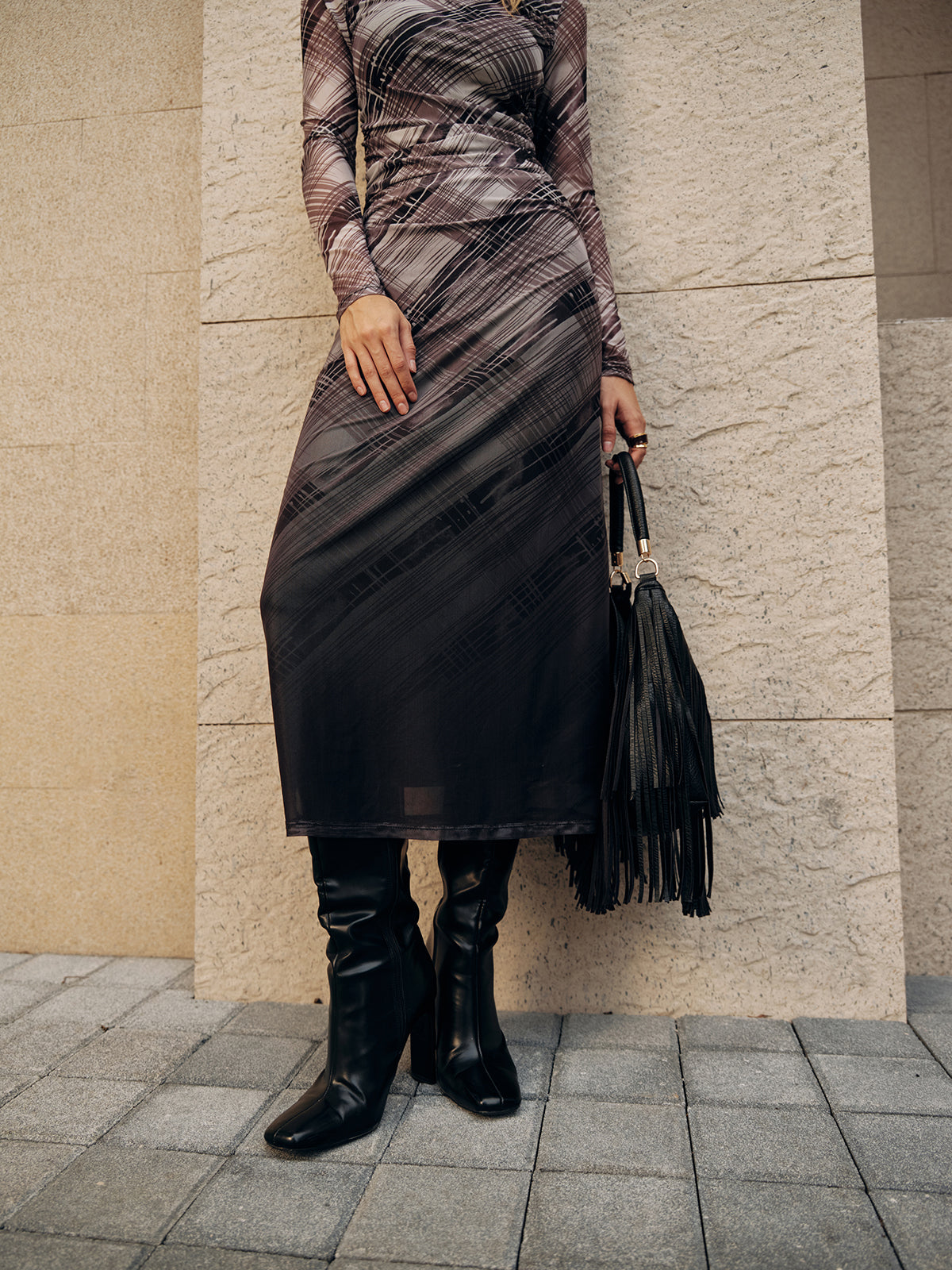 Long Sleeve Plaid Mesh Ruched Maxi Dress