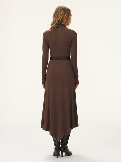 Belted Turtleneck Asymmetric Maxi Dress