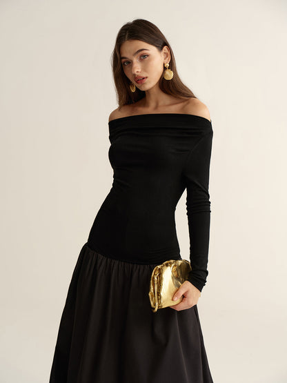 Off-Shoulder Long-Sleeve Maxi Dress