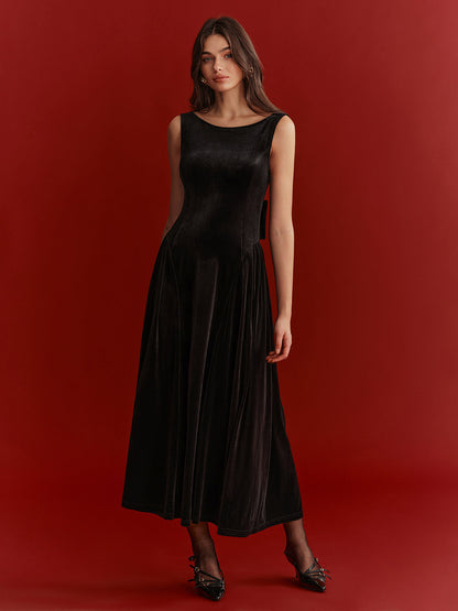 Mesh Back Bow Detail Velvet Maxi Dress