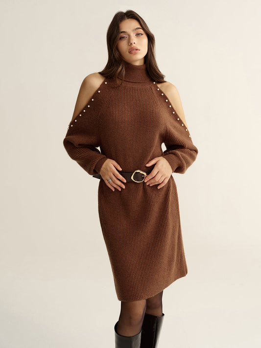 Belted Cold-Shoulder Turtleneck Knit Dress