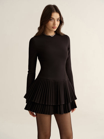 Long Sleeve Tiered Pleated Mini Dress