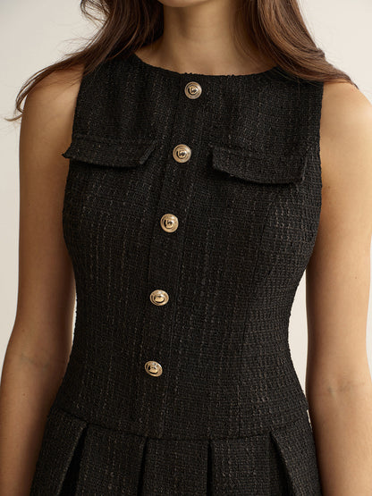 Metal Detail Tweed Pleated Mini Dress