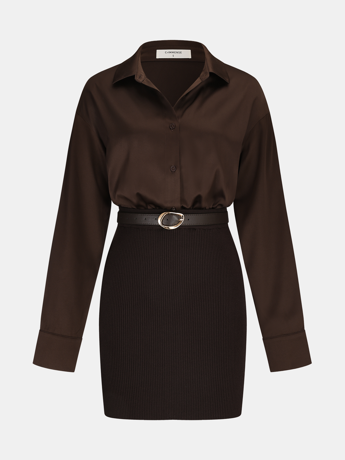 Ribbed Knit Panel Belted Shirt Dress