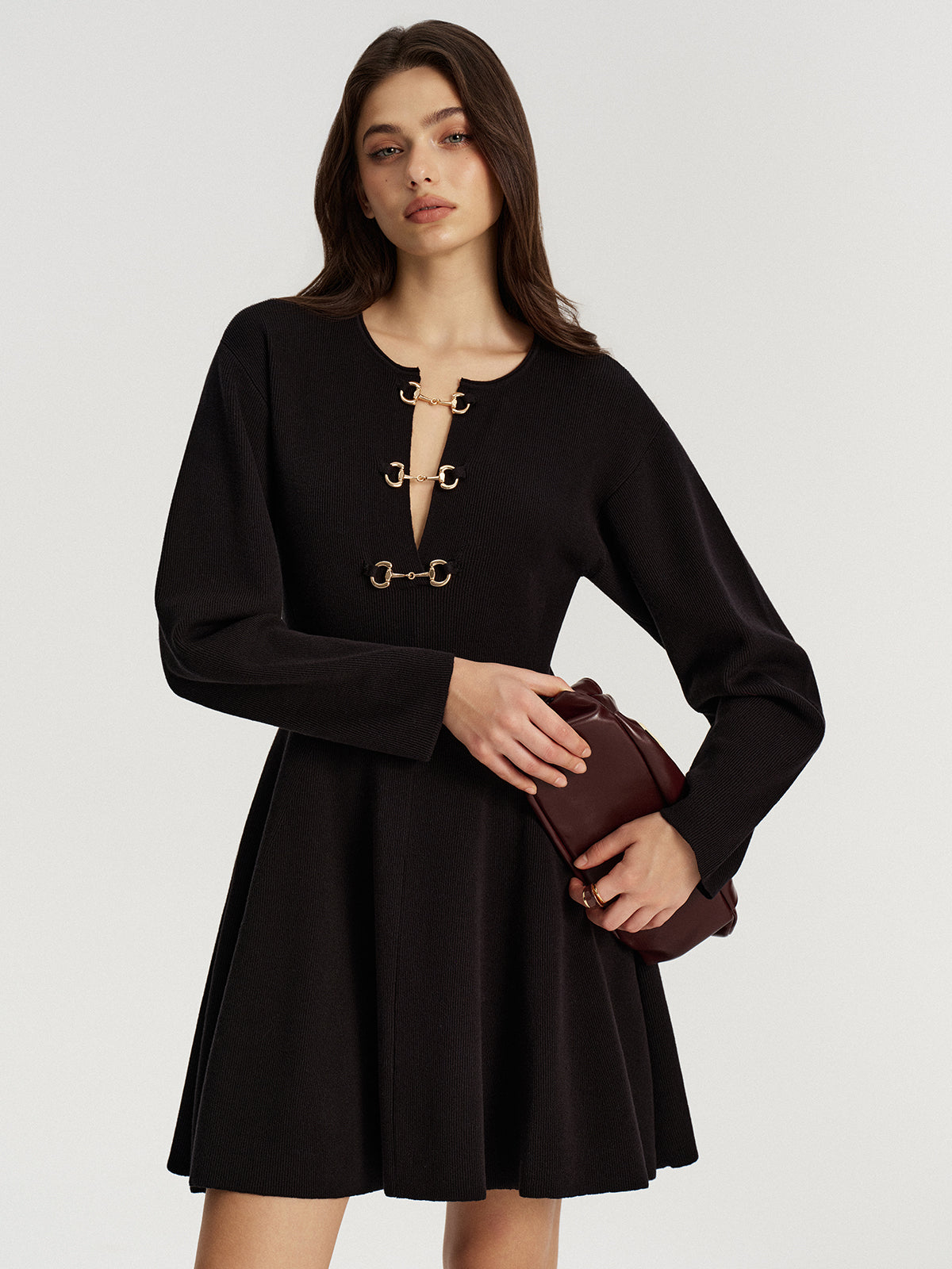 Horsebit Detail Knit Flared Dress