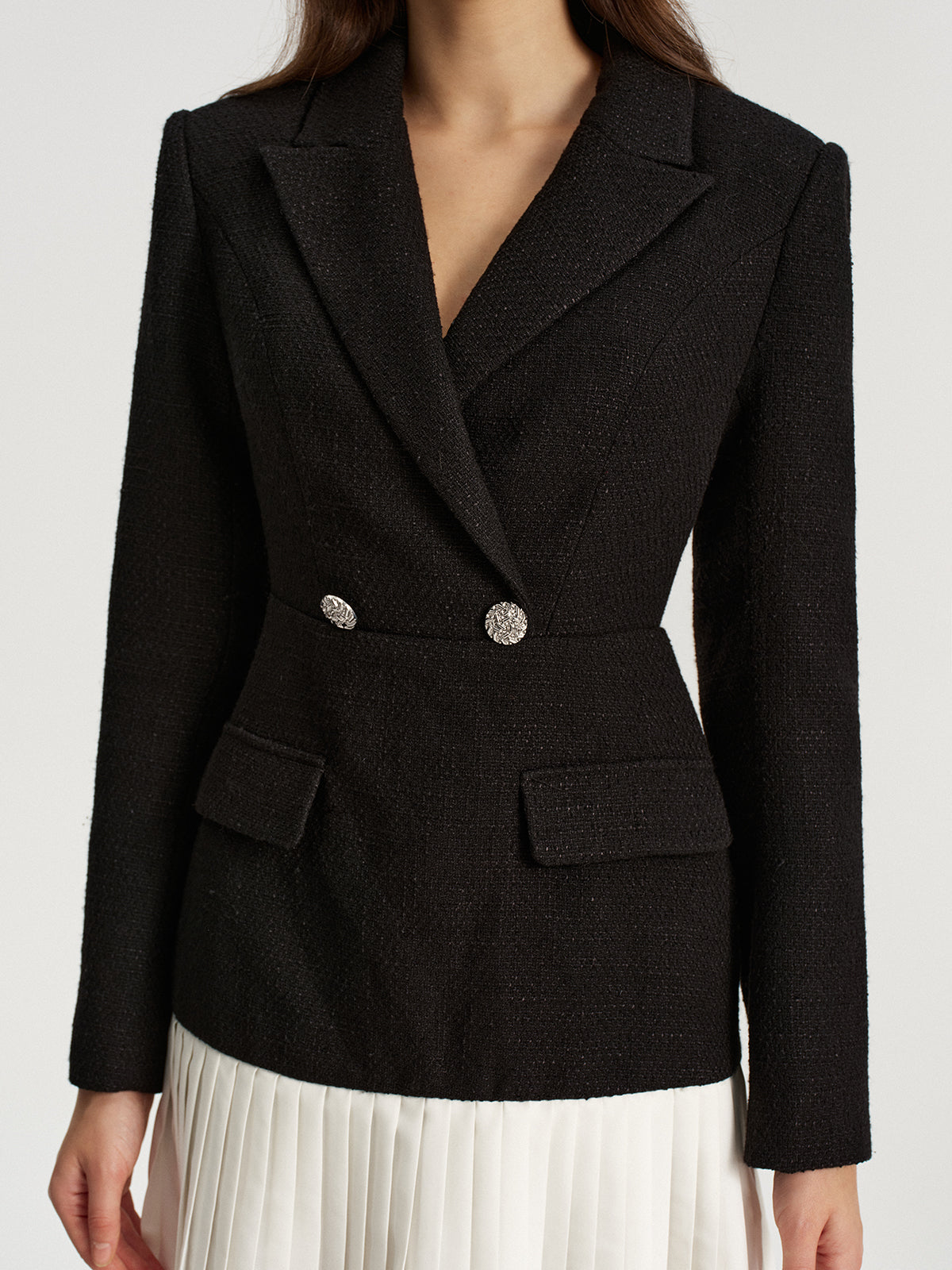 Tweed Double Breasted Pleated Hem Blazer Dress